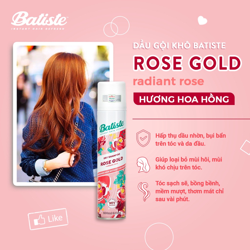 Dầu Gội Khô Batiste Hương Hoa Hồng - Batiste Dry Shampoo Rose Gold Radiant Rose 200ml