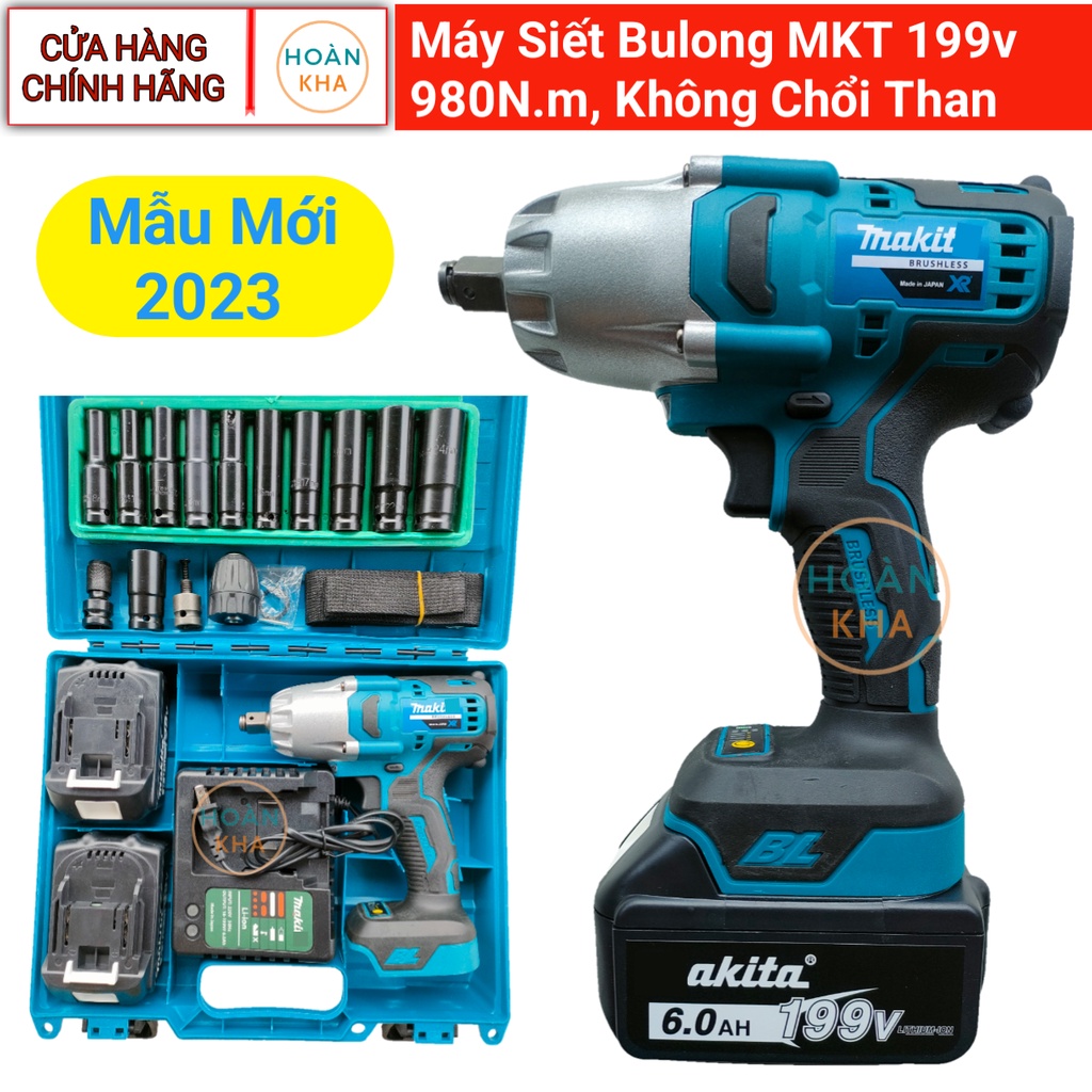 Máy siết bulong pin MKT 199v 980N.m, không chổi than, lực siết mạnh, tốc độ cao