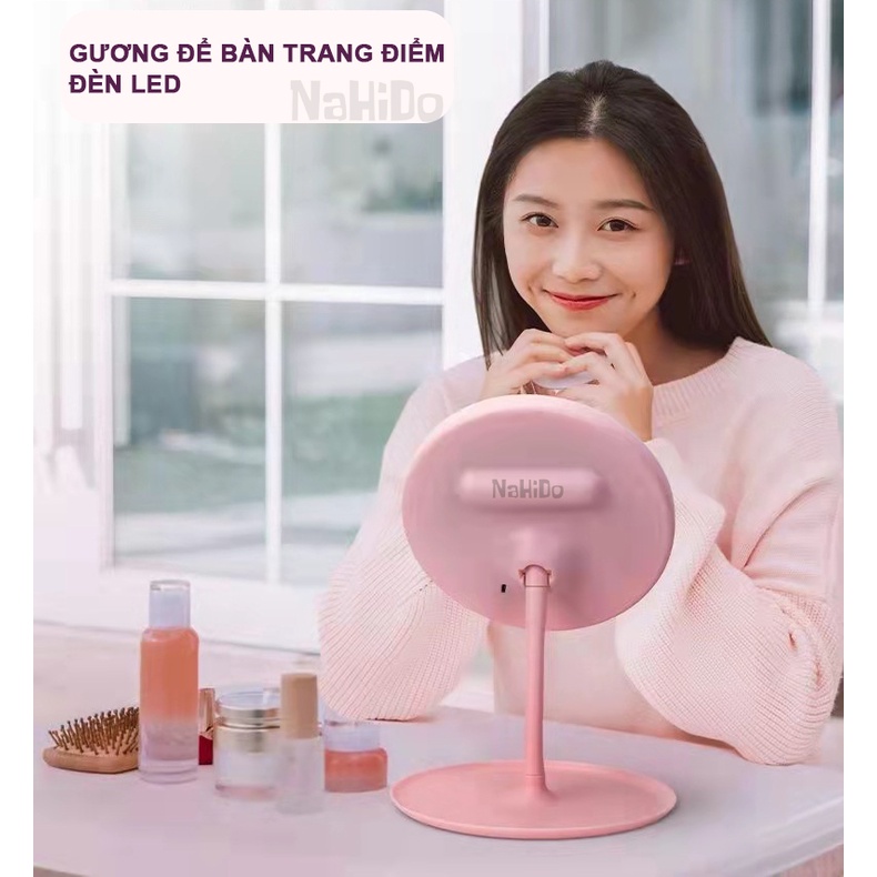 Gương Trang Điểm Để Bàn, Gương Để Bàn Trang Điểm, Gương Tròn Đèn Led Cảm Ứng 3 Chế Độ Ánh Sáng Pin Siêu Trâu