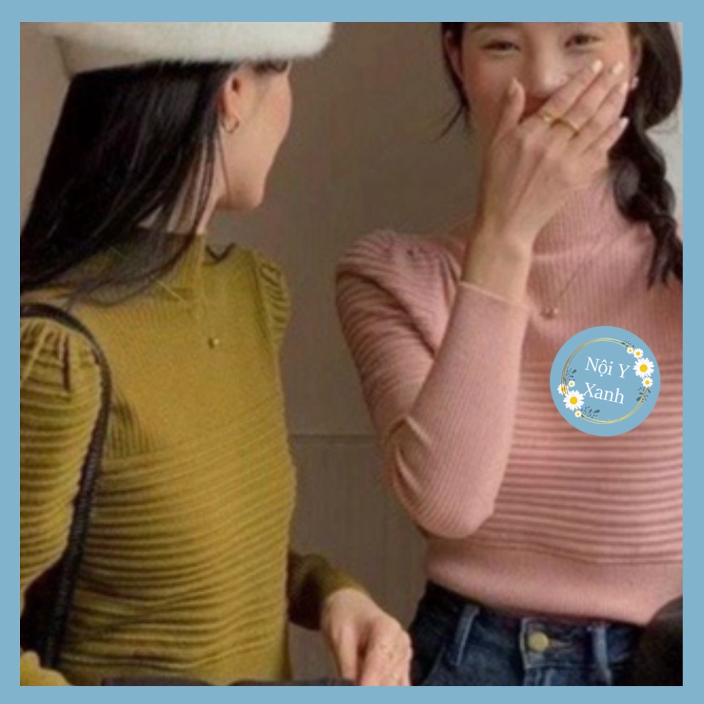 áo len nữ Nội Y Xanh cổ 3 phân tay bồng tay dài viền nổi hàng QCCC A63 hot trend thu đông ấm áp