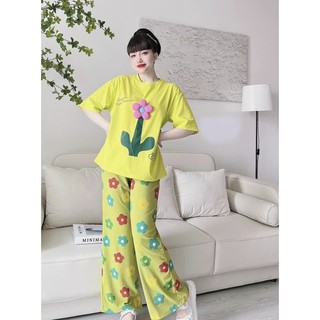 ❤️có bigsize đến 85kg❤️ set đồ nữ quần dài ống suông họa tiết hoa thêu chắc chắn set bộ đi chơi bigsize d13