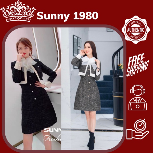 Váy dạ tweed công sở 2 lớp phối tay, nơ cổ, đầm dạ nữ thiết kế cao cấp phong cách tiểu thư sang chảnh V978 Sunny