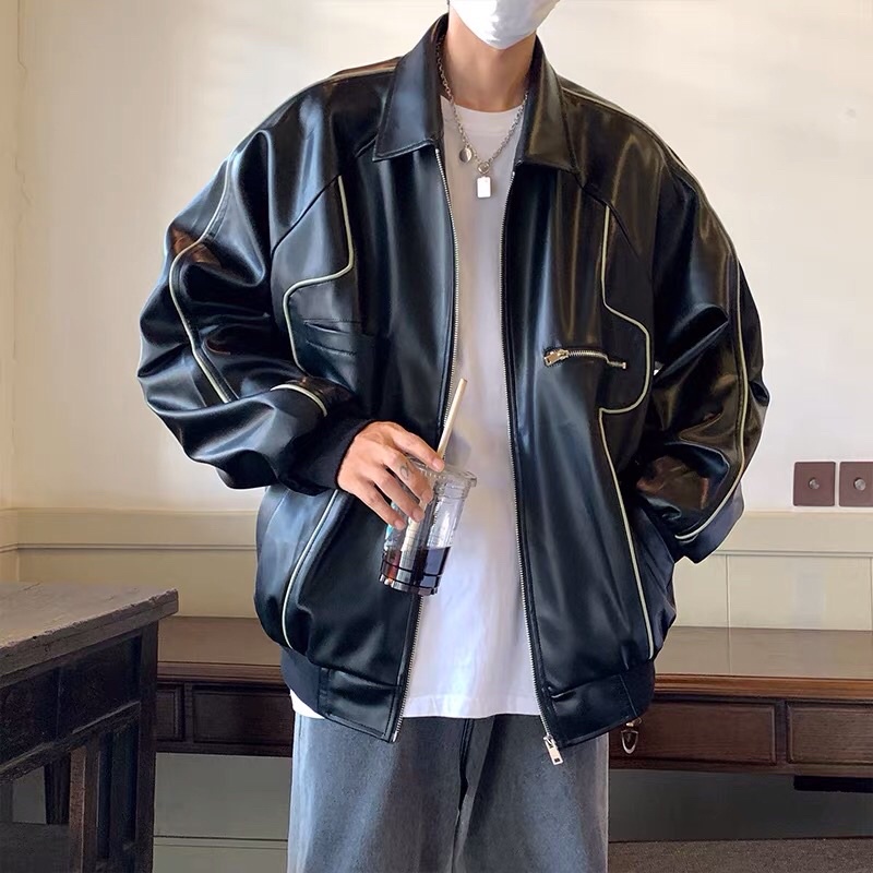 Áo khoác da có cổ hoạ tiết unisex