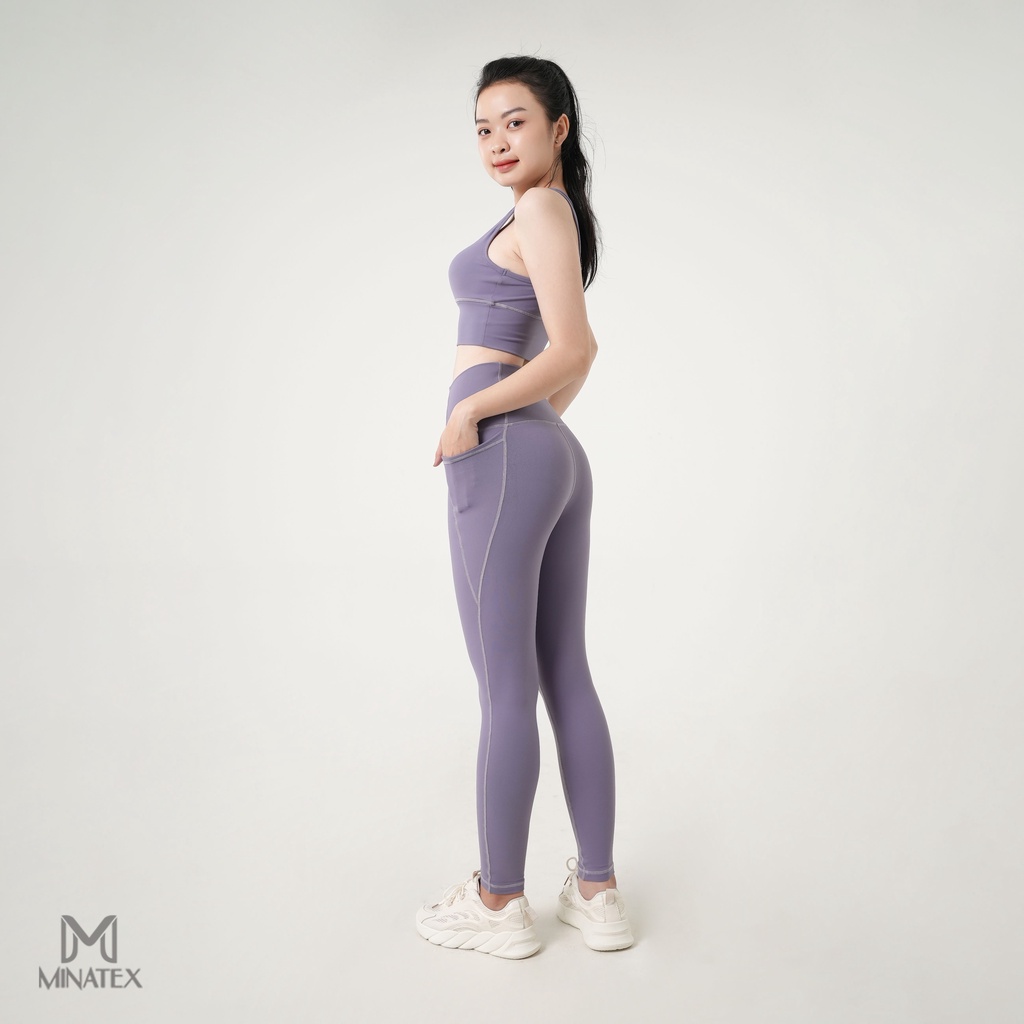 Minatex - Bộ đồ tập gym yoga chạy bộ, Set quần áo tập gym nữ áo bra cổ tim quần có túi chất vải mềm giãn 4 chiều cưc tốt