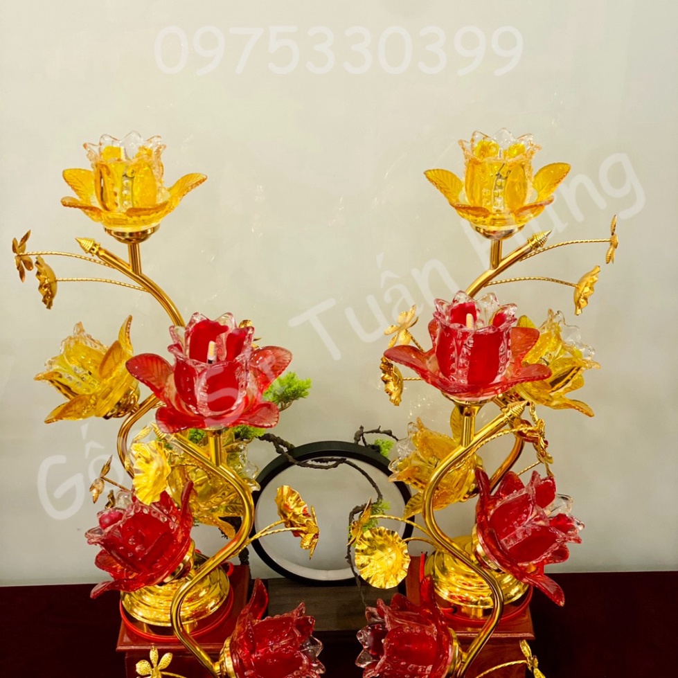 Đèn thờ hoa sen bông thủy tinh ánh sáng vàng, đèn thờ thủy tinh ba bông