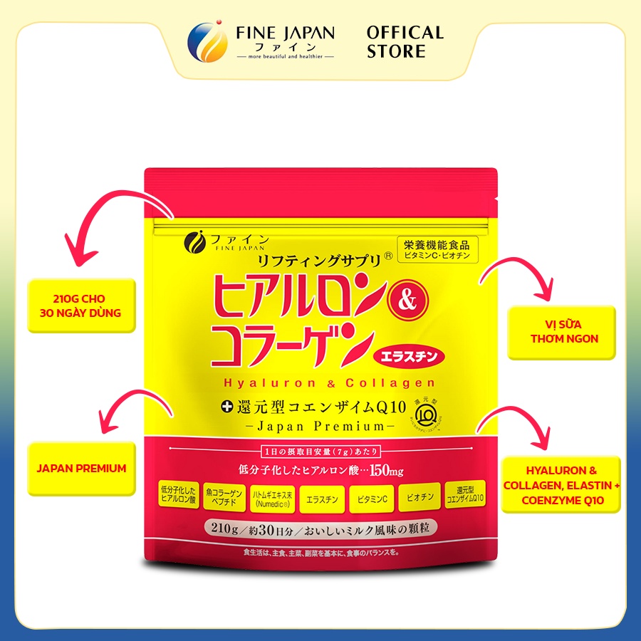 Bột uống Hyaluron & Collagen FINE JAPAN hạn chế lão hóa da, giúp mịn và trắng da dạng gói 210g