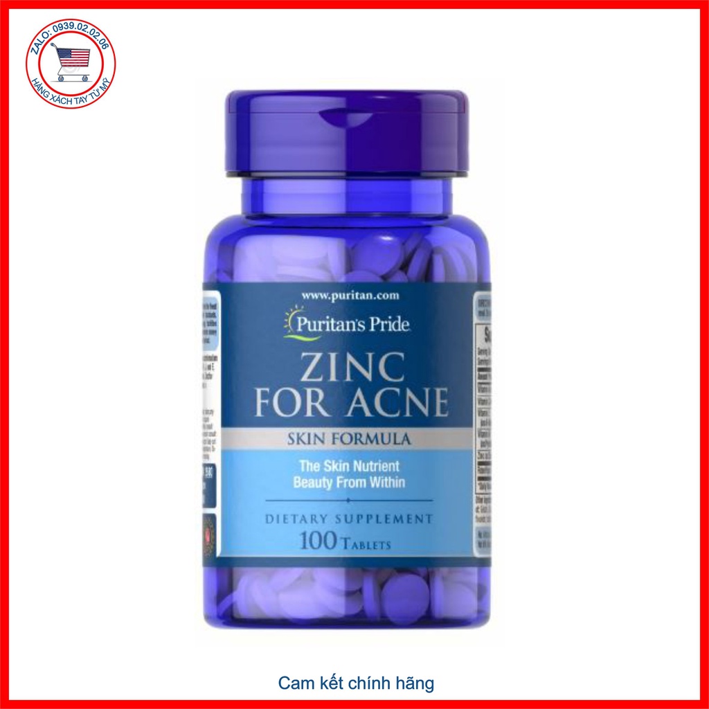 Viên uống bổ sung kẽm giảm mụn Zinc For Acne Puritan's Pride 100 viên HSD 2/2026