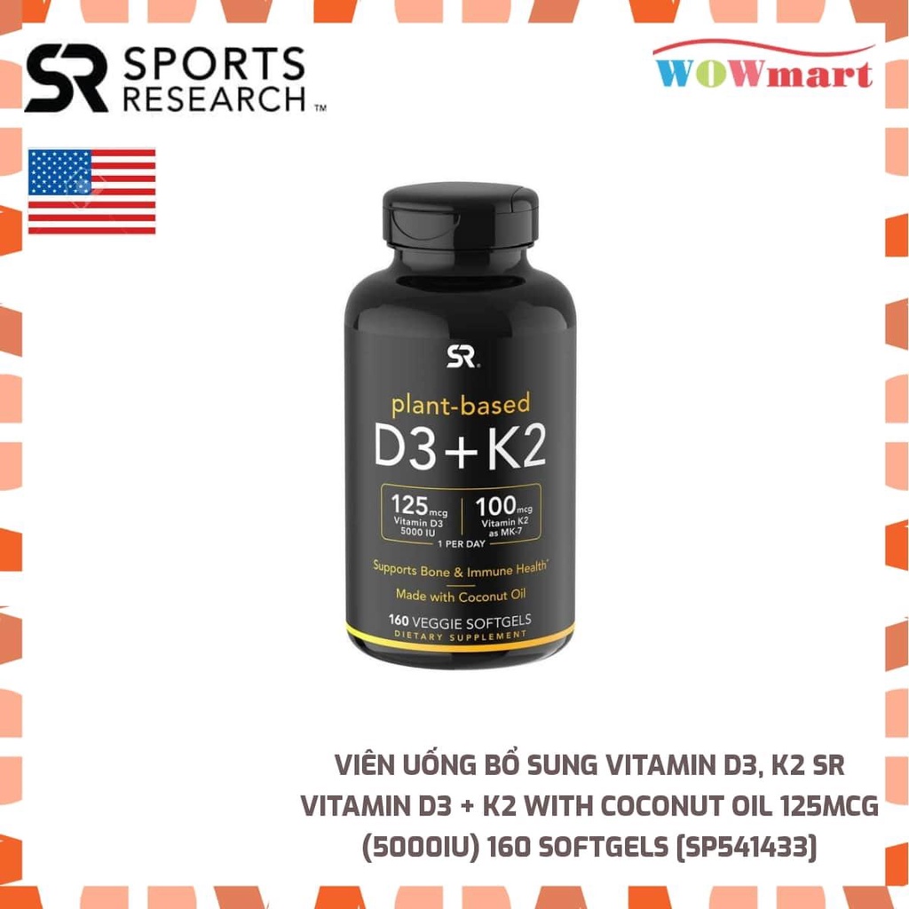 Viên uống bổ sung Vitamin D3, K2 SR Vitamin D3 + K2 with Coconut Oil 125mcg (5000IU) 160 Softgels