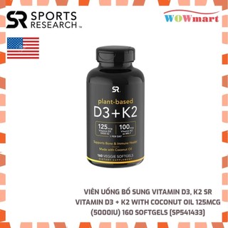 Viên uống bổ sung vitamin d3, k2 sr vitamin d3 + k2 with coconut oil 125mcg 160 softgels