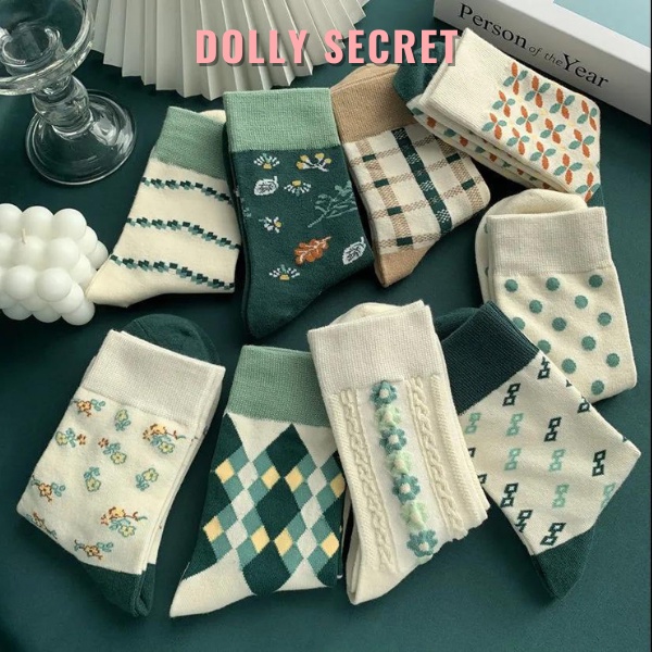 Set 5 đôi tất vớ vintage thổ cẩm cao cổ nữ phong cách Giáng Sinh Noel tone màu xanh két DOLLY SECRET T21