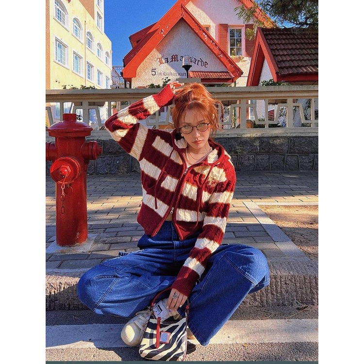 Áo Khoác Cardigan Len Dệt Kim Ngắn Kẻ Sọc Cao Cấp Phong Cách Mỹ Cổ Điển Thời Trang Mùa Thu Mới 2022 Dành Cho Bạn Nữ