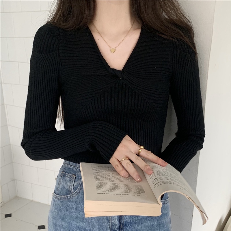 COZOK Áo Dệt Kim Tay Dài Cổ Chữ V Dáng Ôm Thời Trang Cho Nữ