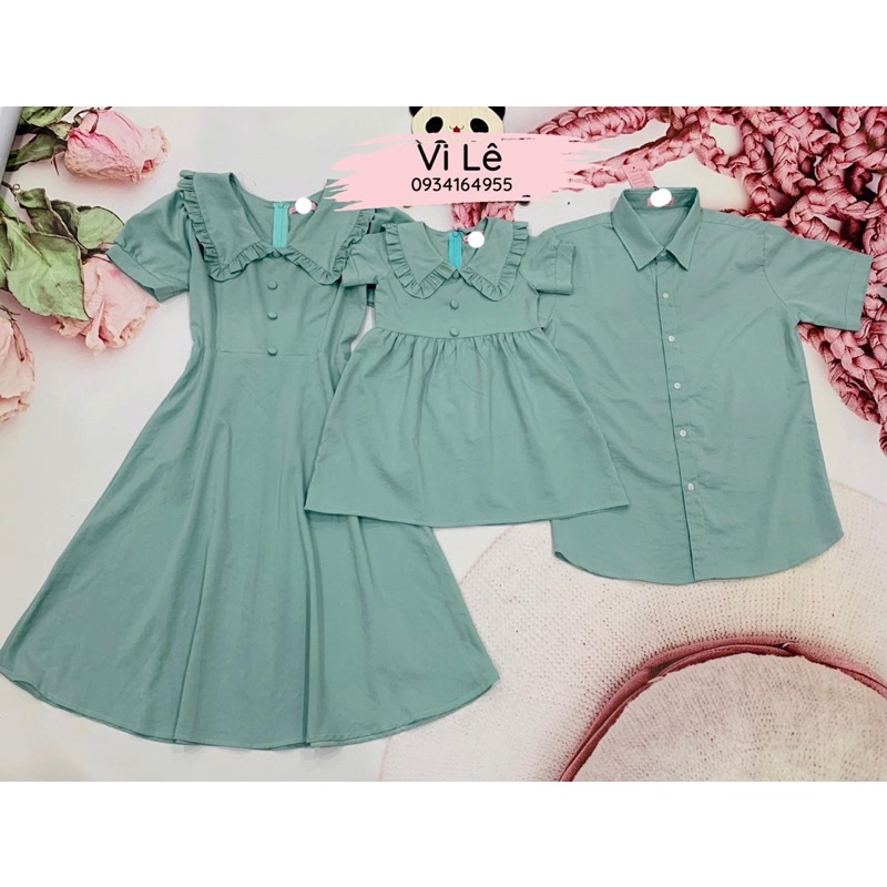 ĐỒ GIA ĐÌNH, VÁY MẸ VÀ BÉ CỔ BÈO MÀU XANH
