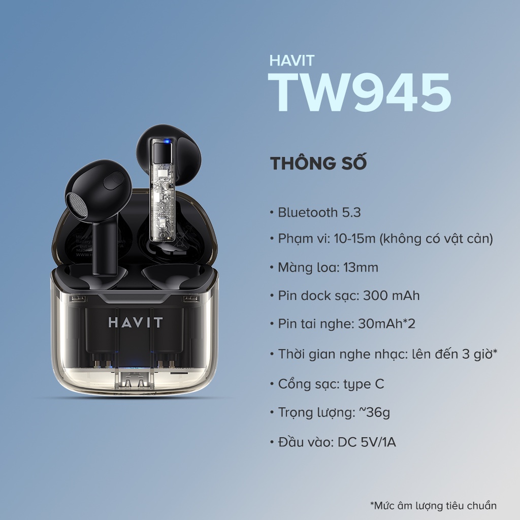 Tai Nghe TWS HAVIT TW945, Trong Suốt Transparent, BT 5.3, Độ Trễ Gamemode 50ms, Nghe Đến 3H - Chính Hãng BH 12 Tháng