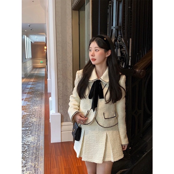 Set dạ tweed tiểu thư nơ cổ xinh xắn- kèm ảnh thật shop chụp