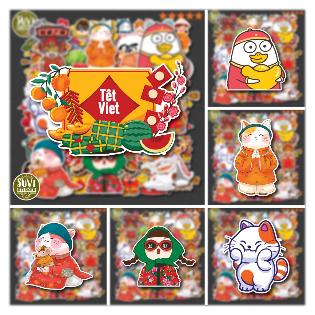 50 Sticker Tết chống nước sticker dán mũ bảo hiểm, laptop, điện thoại, đàn guitar, vali. MSP: NS80