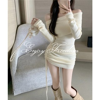 Đầm Dệt Kim Tay Dài Hở Vai Phối Dây Rút Thời Trang Quyến Rũ Cao Cấp Cho Nữ
