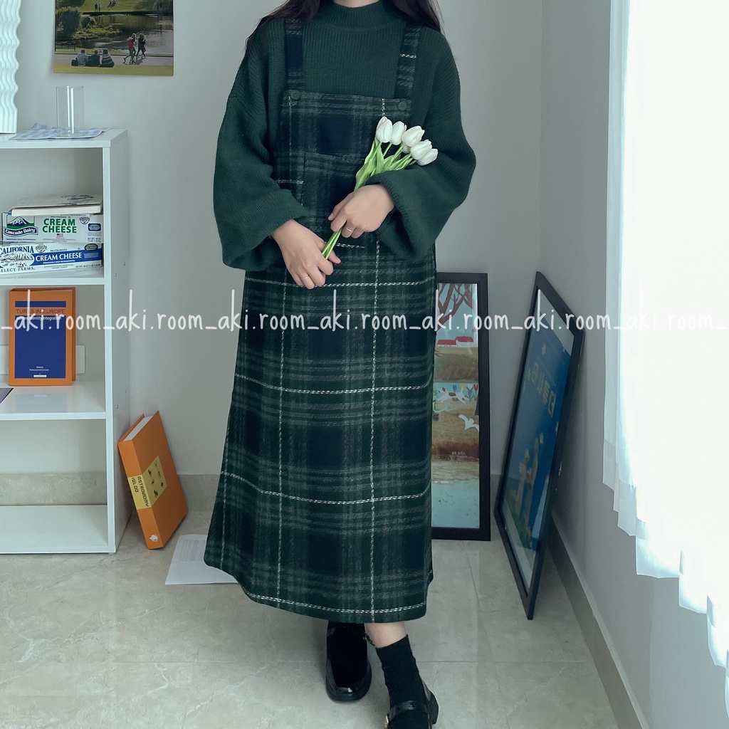Set áo len tay bo kèm khăn mix yếm dạ kẻ hai dây form dài rộng (lưu ý thông số trong mô tả)