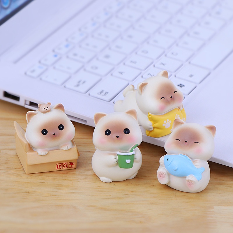 Set mèo mun ôm cá,uống cafe đáng yêu chất liệu PVC làm mô hình trang trí bàn làm việc, góc học tập, quà tặng-HO08