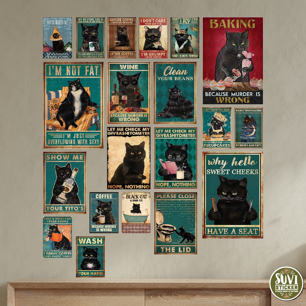 Combo 20 Poster Decal dán trang trí tường Boss Cat decor phòng trang trí quán cà phê, trà sữa, tường, phòng ngủ. PT10
