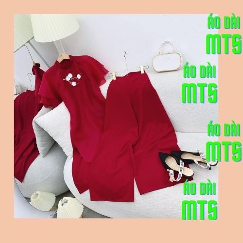 Áo Dài Cách Tân Nữ 4 Tà Lệch Lụa Tơ Đỏ Đô Cao Cấp Cổ Vuông Tay Bèo Cánh Tiên Dự Tiệc Lễ Tết Đẹp_MTs
