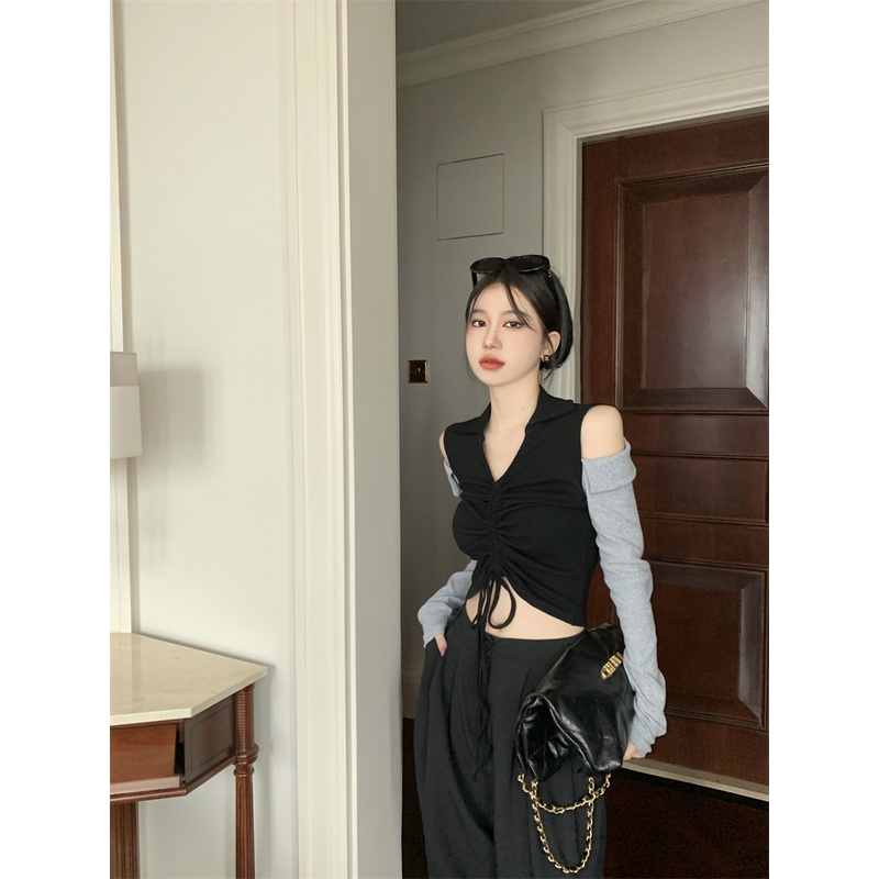 Áo kiểu ZHELIHANGFEI trễ vai tay dài phối dây rút phong cách retro