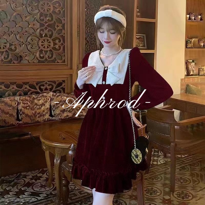 Đầm Ngắn Màu Đen Đính Nơ Phong Cách retro Pháp Thời Trang Thu Đông Cho Nữ