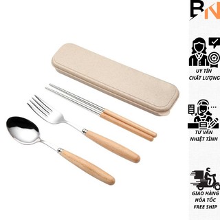 Bộ thìa, dĩa, đũa lúa mạch inox sáng bóng, cán gỗ tiện dụng