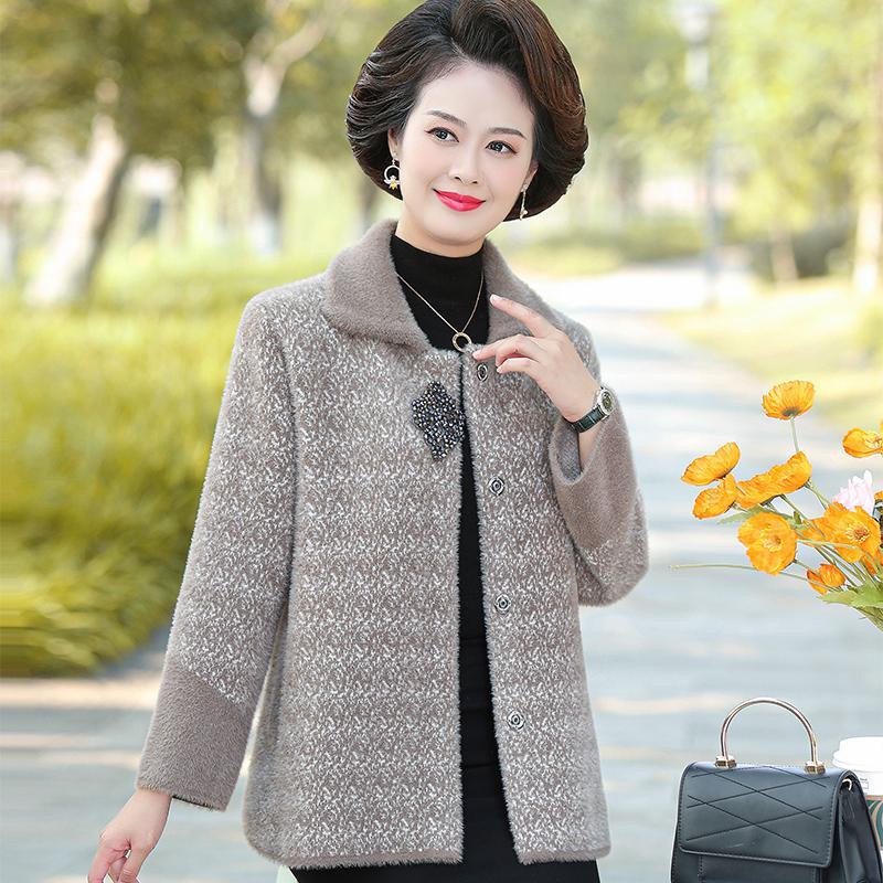 Phụ nữ trung niên và cao tuổi nhung chồn áo len ngắn mẹ 40-50 tuổi thu đông