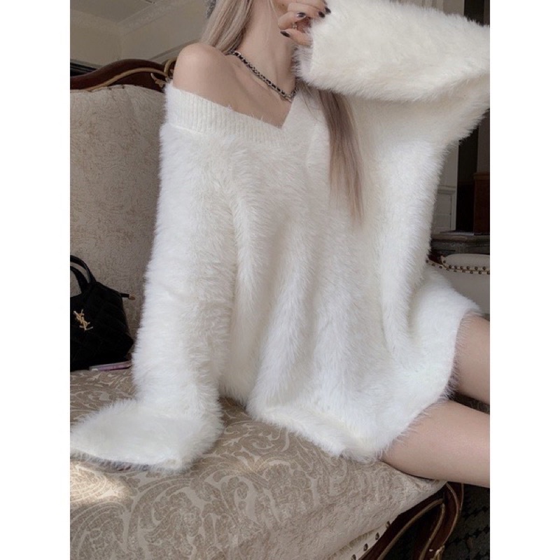 (Order-hình thật cuối) Áo len lông cổ v lệch vai dáng rộng giấu quần hot ulzzang áo len lông thỏ nữ