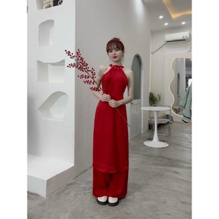 Áo dài đỏ tết, hàng đẹp có đủ size, set áo dài cách tân cổ yếm chất lụa đẹp, đồ mặc tết đẹp cho phái nữ . .