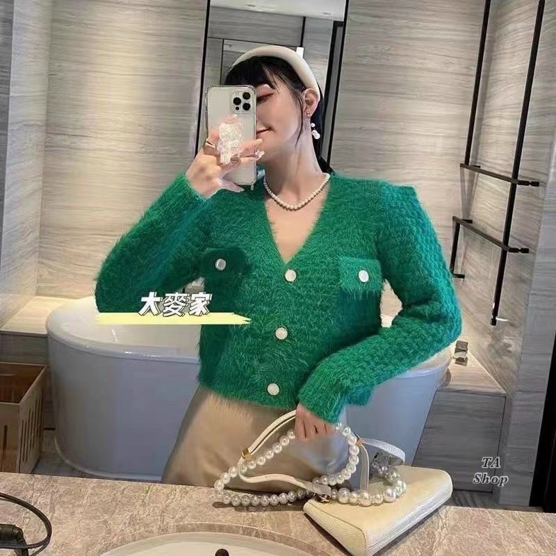 Áo len cardigan lông thỏ cúc bọc siêu sang chảnh