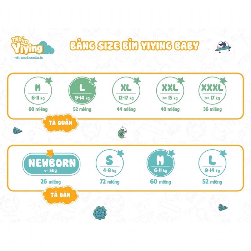 Bỉm Quần/Dán Yiying Tên Lửa, Hơi Thở Bông, Lông Vũ, Heo, Mây, Đủ Size S72/M60/L52/XL44/XXL40/XXXL36