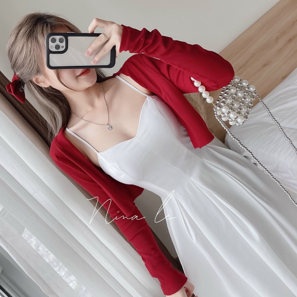 Set áo khoác tăm gân kèm đầm xinh  sang chảnh