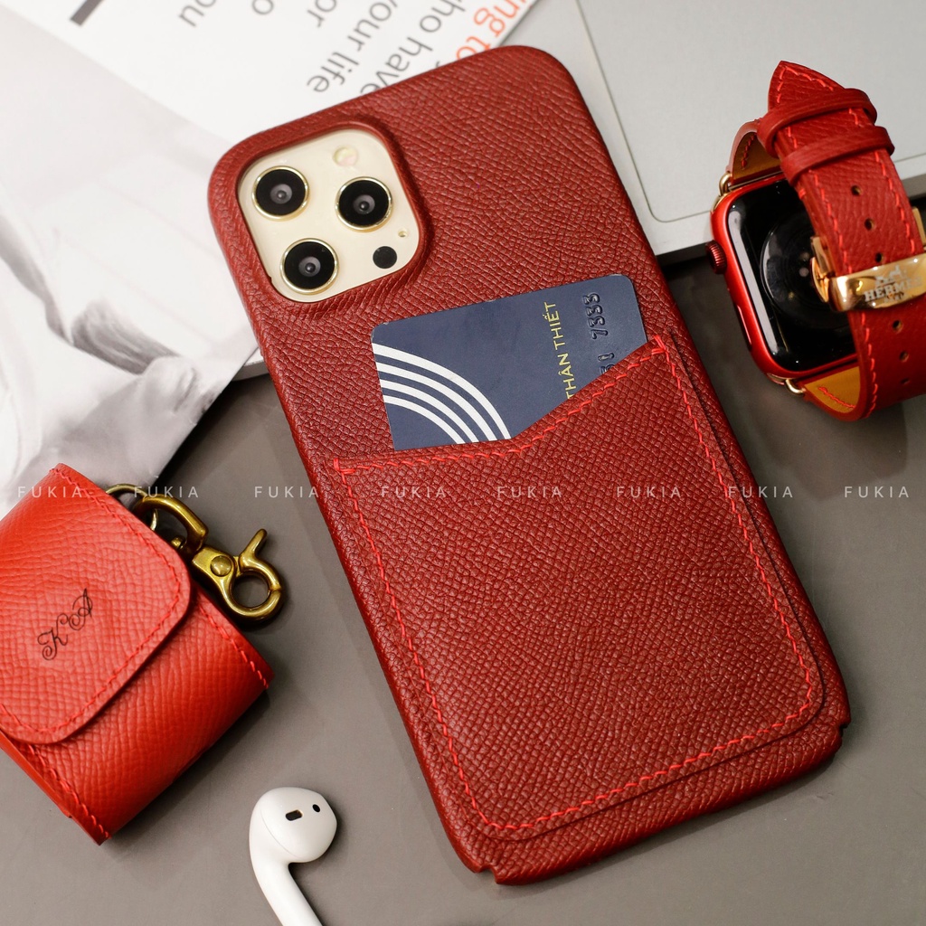 Combo dây và ốp da thủ công Full viền Epsom Đỏ Đô dành cho Đồng hồ thông minh/ Đồng hồ cơ và Iphone CB029