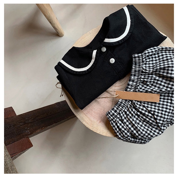 Áo tay dài + quần short caro cho bé trai và bé gái