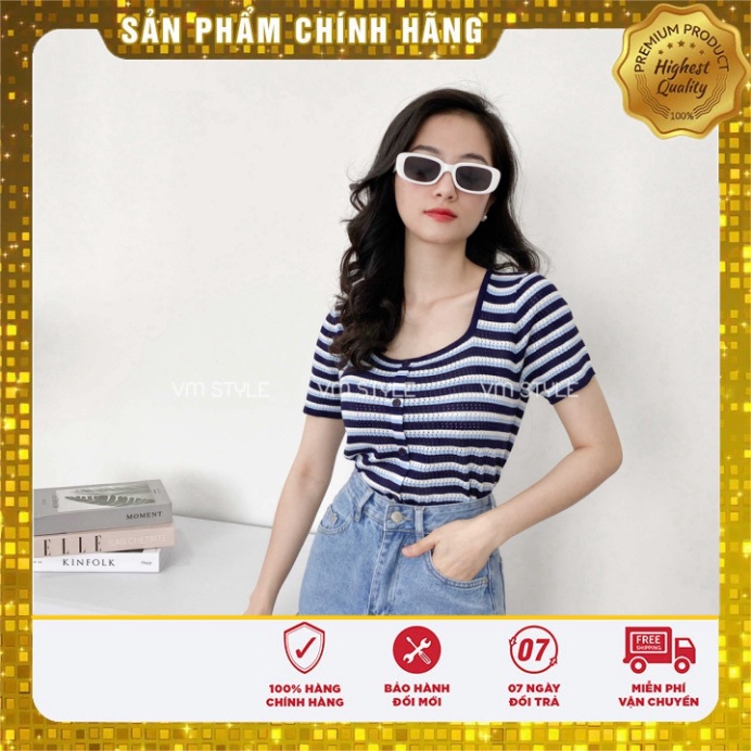 Áo len nữ VMSTYLE tay bó ngắn cổ hình vuông croptop sọc kẻ ngang đa màu ALU00157