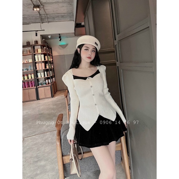 Áo Len Cổ Vuông Màu Cúc Ngọc xẻ Vạt
