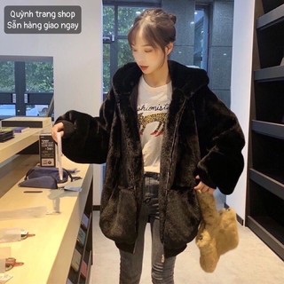 Áo khoác lông thú form rộng 2 màu đen và be