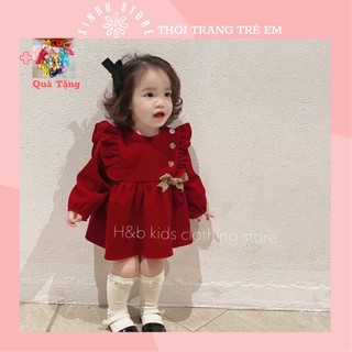 Váy đầm cho bé gái 8-18kg, váy nhung đỏ dài tay đi tiệc diện tết noel cho bé gái