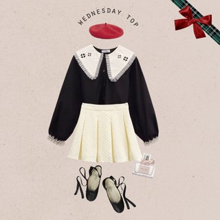 Bleubird áo sơ mi vải thô phối cổ ren wednesday top
