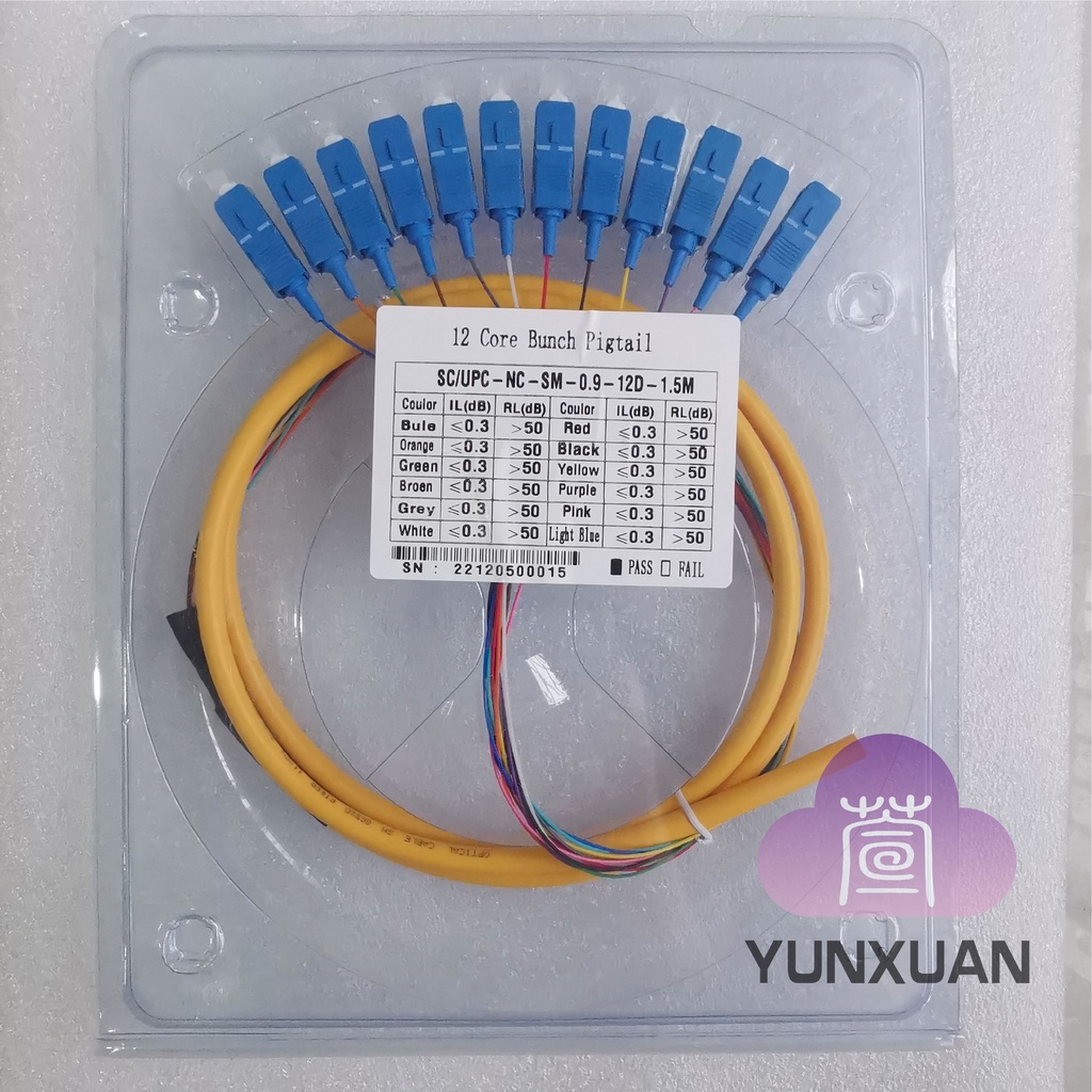 12 lõi Bunch Pigtail SC / UPC SM (9 / 125um) G652D Gói sợi quang Đuôi Pigtail