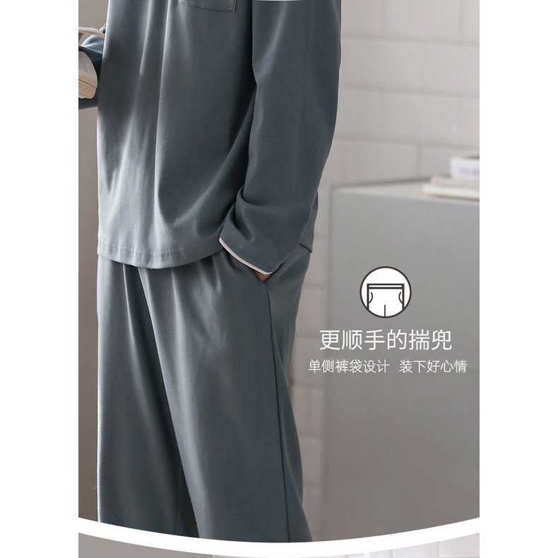 Bộ Đồ Ngủ Vải Cotton Mỏng Tay Dài Dáng Rộng Màu Sắc Đơn Giản Thời Trang Xuân Thu Cho Nam