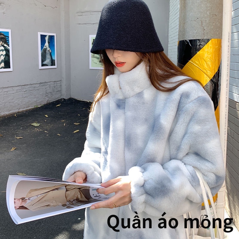 KAYNA Áo khoác mùa thu và mùa đông phụ nữ giả lông thỏ lông cừu lông tie nhuộm sang trọng sinh viên đại học lỏng lẻo linh hoạt với lông cừu dày bông quần áo
