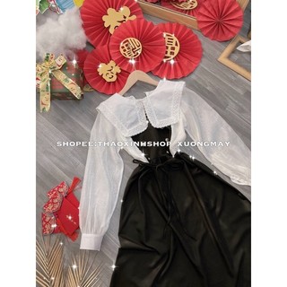 Đầm maxi đen phối trắng cột dây