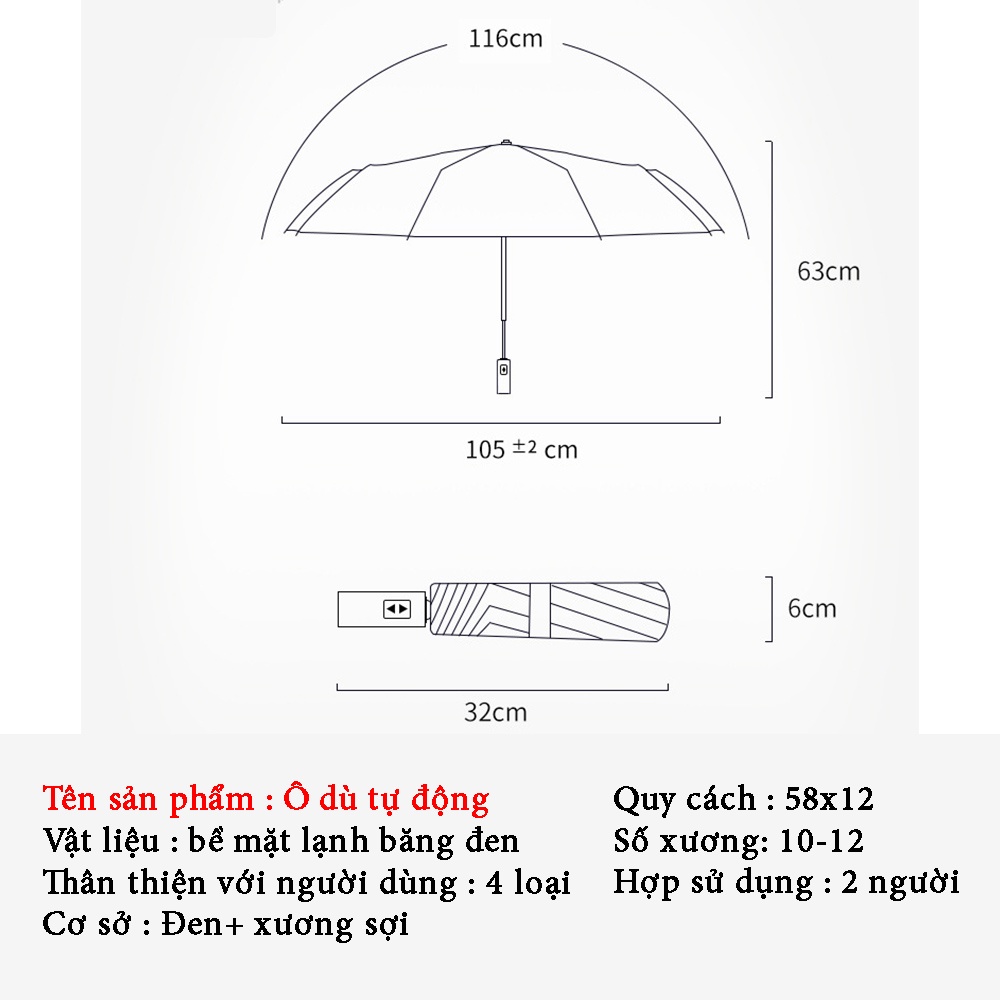 Ô dù che mưa đi nắng TUXA 12 nan mở tự động gấp nhỏ gọn cầm tay 2 chiều cỡ lớn to cho xe hơi ô tô chống thấm Tia UV