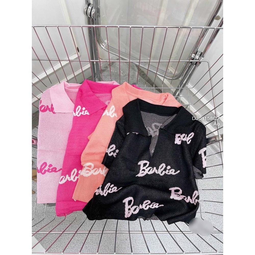 Áo len croptop họa tiết chữ barbie cổ bẻ tay con hàng QC