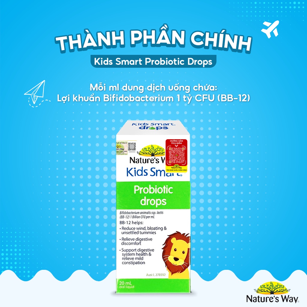 Men Vi Sinh Cho Bé Nature's Way Kids Smart Drops Probiotic Dạng Giọt Bổ Sung Lợi Khuẩn Tăng Cường Hệ Tiêu HóaCho Bé 20ml