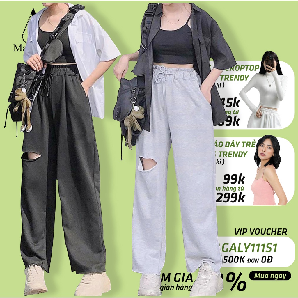 Quần Ống Rộng Nữ Thun Cạp Cao IRU Unisex Ulzzang Màu Đen và Xám Phối Kiểu Rách Gối Magaly Korea