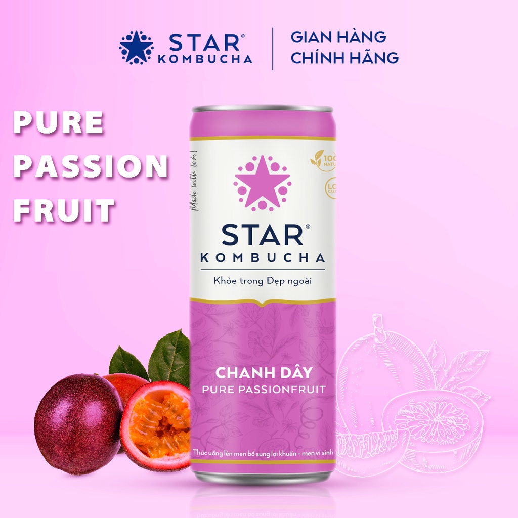 Thùng 12 lon STAR KOMBUCHA Chanh Dây / Pure Passionfruit (250ml/lon) - Trà lên men vi sinh bảo vệ sức khoẻ